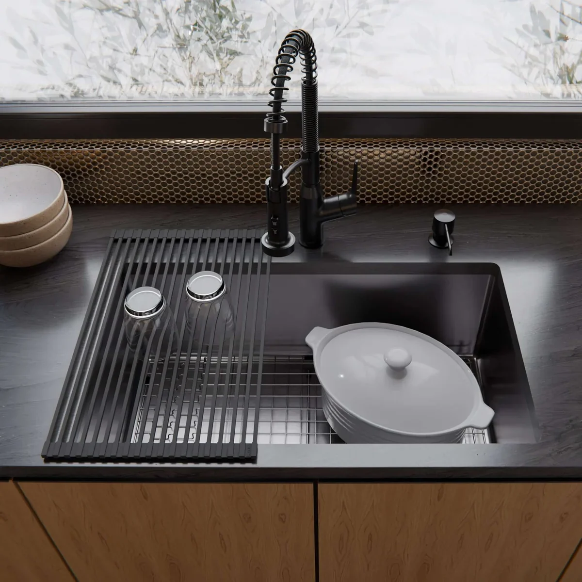 Complete custom kitchen sink solution with accessories and packaging